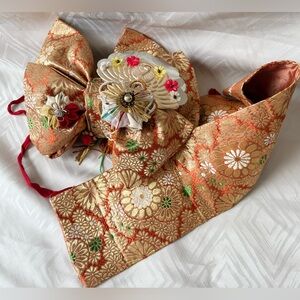 VTG Obi Belt Kimono Japanese Flowers Bow Traditional Floral